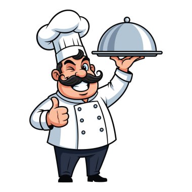 Neşeli Çizgi Film Şefi Tabağı Tutuyor ve Başparmağını kaldırıyor