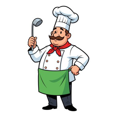 Tombul Çizgi Film Şefi Bir kepçe tutuyor Beyaz Şapka ve Yeşil Önlük Giyiyor