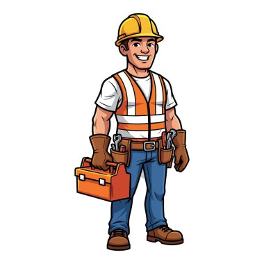 Yetenekli İnşaat İşçisi Araç Kutusu ve Güvenlik Teçhizatı Çalışmaya Hazır