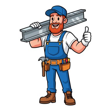 Yetenekli inşaat işçisi alet çantasıyla çelik kiriş taşıyor ve baş parmak işareti yapıyor.