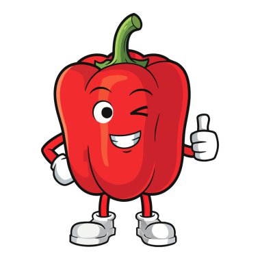 Arkadaş canlısı bir Kırmızı Zil Biberi Karakteri Göz Kırpıyor ve Baş Parmaklıyor