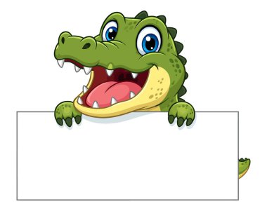 Tapılası Çizgi Film Timsahı Boş İmza Panosunun Üzerinde Ağzını Arala ve Mutlu İfade Et