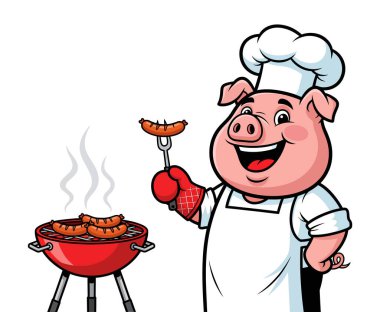 Mutlu Domuz Şefi Izgara Lezzetli Sosisler Barbekü Partisi Etkinliği