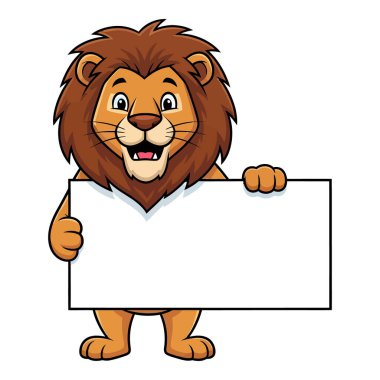Dost canlısı çizgi film aslanı mesajın ve mesajın için boş bir tabela tutuyor.
