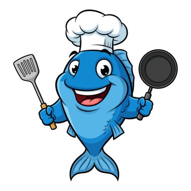 Şef Şapkalı Neşeli Mavi Balık Karakteri Spatula ve Kızartma Tavası Deniz Ürünleri Lokumlarını Pişirmeye Hazır