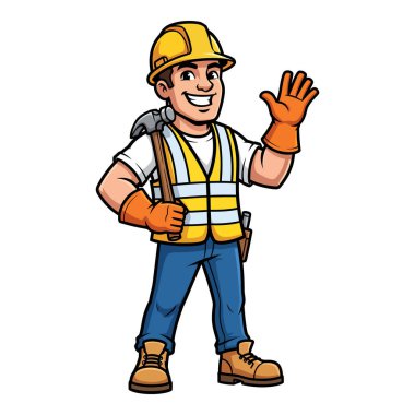 Arkadaş canlısı inşaat işçisi elinde çekiç sallıyor Gülümseyerek merhaba