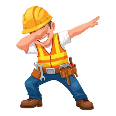 Yetenekli inşaat işçisi şantiyede kutlama dansı yapıyor.