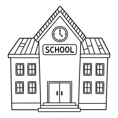 Saati ve girişi olan basit bir okul binası.