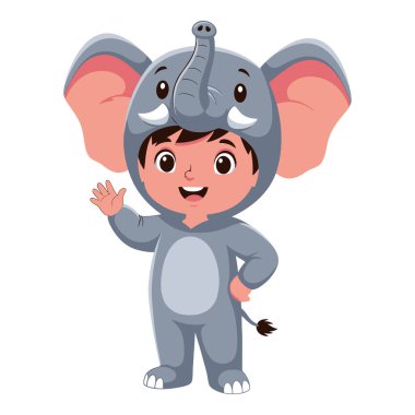 Sevimli Çocuk Şirin Fil Kostümü Giyiyor. El sallıyor. Merhaba.