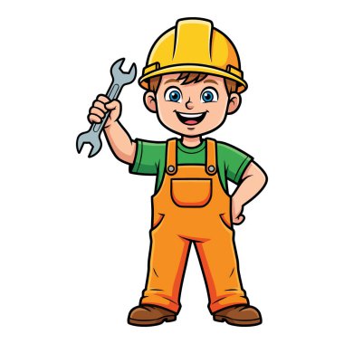 İnşaat tulumu giymiş, elinde İngiliz anahtarı tutan neşeli bir çocuk.