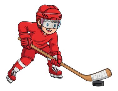 Kırmızı üniforma giyen heyecanlı genç sporcu buz hokeyi oynuyor.