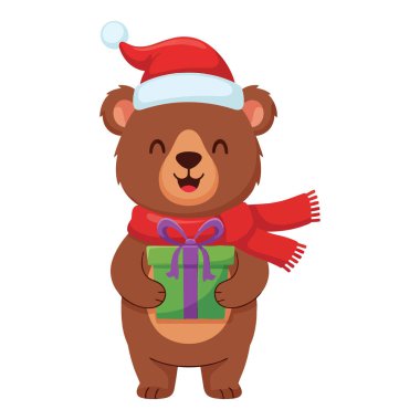 Eşarp ve Şapka Giyen Sevimli Noel Ayısı Hediye Tutuyor