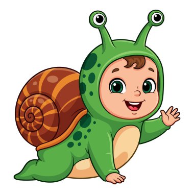 Sevimli Bebek Salyangoz Kıyafeti Giymiş El sallıyor Merhaba