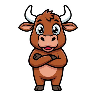 Sevimli Çizgi Film Boğası Çapraz Kollu Mutlu İfadeyle Duruyor