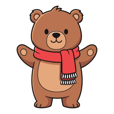 Sıcak kırmızı bir eşarp takan sevimli çizgi film ayıcığı ve sana hoş geldin diyor.