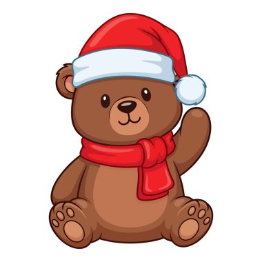 Noel Baba şapkası ve eşarp takan sevimli çizgi film ayısı merhaba diyor.