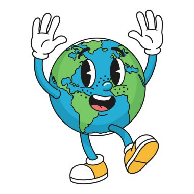 Retro Karikatür Dünya Karakteri Neşe ve Kutlama ile Dans Ediyor