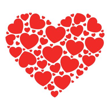 Çok sayıda Kırmızı Kalbin Büyük Kalp Şeklinde Sevgi ve Sevgi Gösteren Bir Montaj