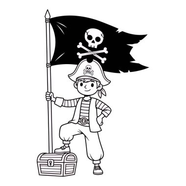 Genç Korsan Kafatası Bayrağı ve Hazine Sandığıyla Gururla Duruyor