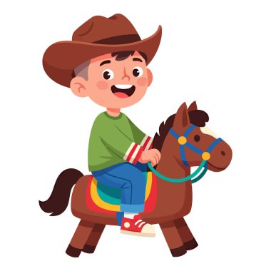 Mutlu genç kovboy eğlenceli bir kovboy macerasında oyuncak ata biniyor.