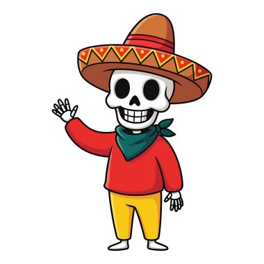 Mutlu İskelet Giyen Sombrero ve Şenlikli Kıyafet Dalgalanan Merhaba