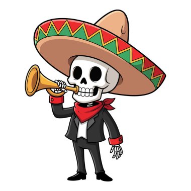 Sombrero ve Kırmızı Fular Giyen İskelet Müzisyen Trompet Çalıyor