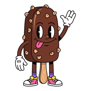 Retro Çizgi Film Karakteri Çikolatalı Dondurma Sallıyor Merhaba