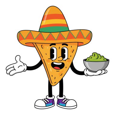 Çizgi film Nacho Karakteri Sombrero Tutucu Guacamole Kasesi Giyiyor