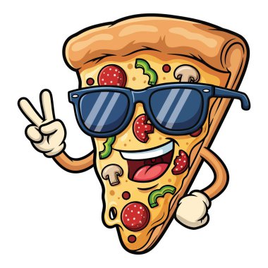 Güneş gözlüğü takan ve barış işareti yapan Cool Pizza Dilimleyici Karakteri