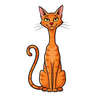 Uzun boynu ve büyük yeşil gözleri olan komik turuncu kedi.