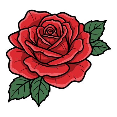 Yeşil Yapraklı canlı kırmızı gül ve Siyah Taslak Sanatsal Çizim