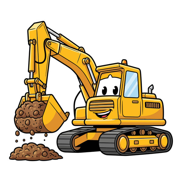 Весёлый жёлтый экскаватор, копающий в грязи с улыбкой