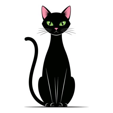 Parlak Yeşil Gözlü ve Pembe Kulaklı Zarif Kara Kedi Gururla Oturuyor