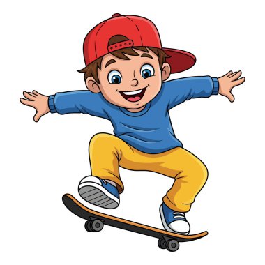 Enerjik genç çocuk kaykaya biniyor ve dışarıda eğleniyor.