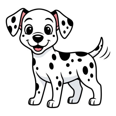 Gülen yüzlü ve sallanan kuyruklu sevimli benekli köpek yavrusu.