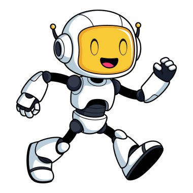 Sarı yüzlü, mutlu bir beyaz robot karakteri.