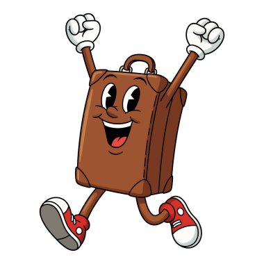 Başarılı bir yolculuğu kutlayan neşeli çizgi film bavulu karakteri.