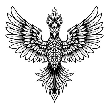 Sembolik Görkemli Ateşli Kuş Genişletilmiş Kanatları ve Karmaşık Detaylarıyla Yükseliyor