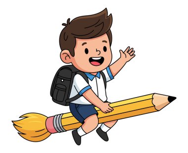 Okula dev bir kalemle uçan neşeli genç çocuk.