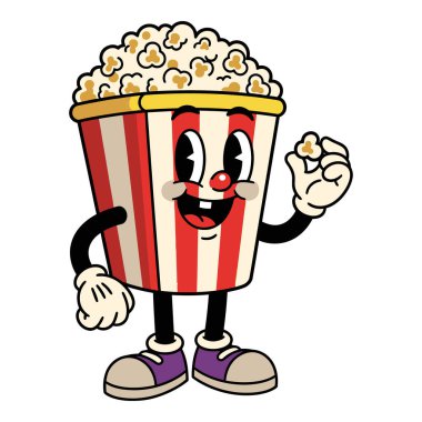 Retro Animasyon Patlamış Mısır Karakteri Merhaba Gülümseyerek