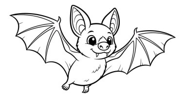 Sevimli çizgi film yarasası uçuyor, kanatları açık, dost ifadesini ve keskin dişlerini gösteriyor.