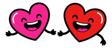 İki Mutlu Kalp Çizgi Filmi Neşeli İfadelerle Dans Ediyor