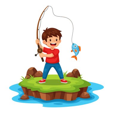 Genç Çocuk Küçük Ada 'da Balık Tutarken Heyecanlı Balık Yakalıyor