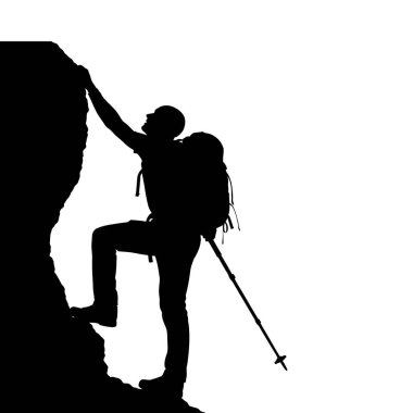 Dik bir kayalık dağ yamacına tırmanan bir dağcının silueti.