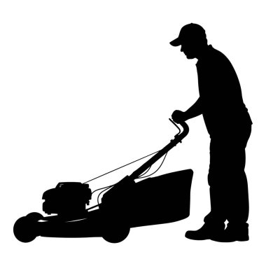 Bahçıvan güneşli bir günde çim biçme makinesini itiyor.