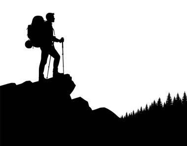 Dağların zirvesinde bir yürüyüşçünün silueti aşağıdaki manzarayı inceliyor.