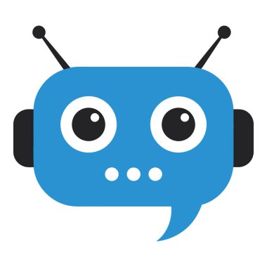 Büyük gözleri ve konuşma baloncuğu olan dost canlısı mavi robot iletişim ve sohbet öneriyor.