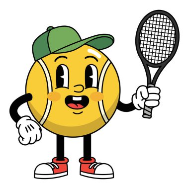 Raket ve Yeşil Şapkalı Retro Tenis Topu Karakteri