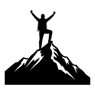 Bir dağın zirvesinde zaferi kutlayan bir kişinin silueti.