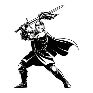 Tam Zırhlı Ortaçağ Şövalyesi Savaş Pozu İçinde Kılıç Kullanıyor